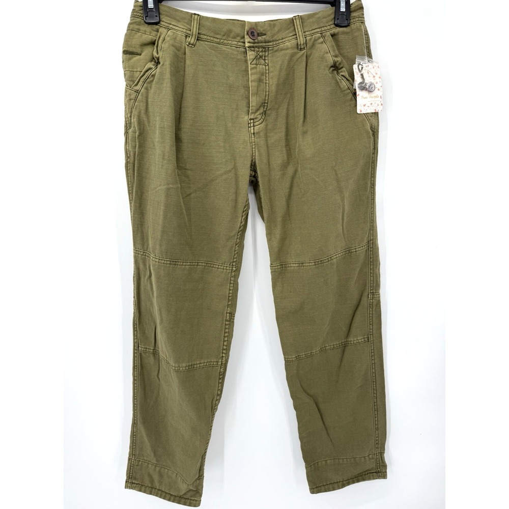 Free People Utility Pants Women 27 Dark Olive OB800848 Pleated Knee Seam Cotton